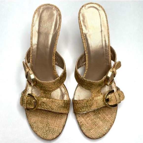 Vintage STUART WEITZMAN Raffia and Gold Metal Heeled Sandals - Picture 2 of 16